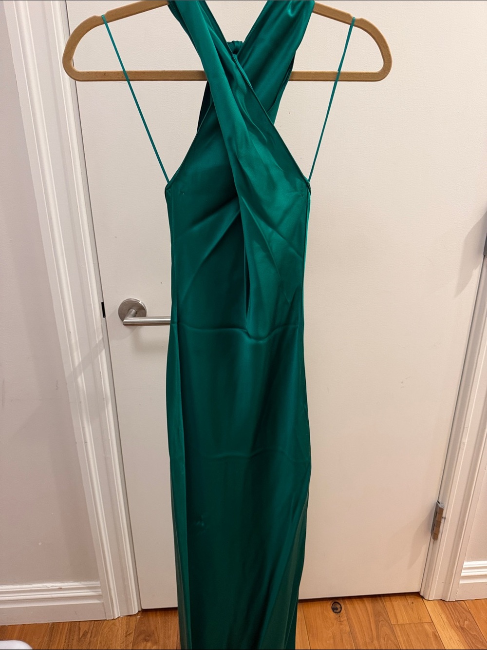 Amanda Richard Emerald Green Satin Cross-Back Slip Dress